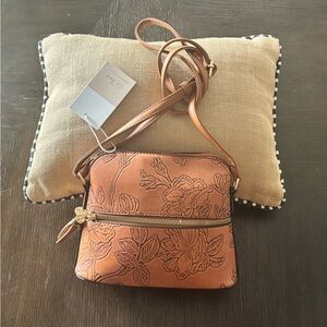 Le Bag Floral Embossed Brown Crossbody Boho Mini Purse Tassel